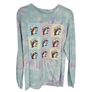 Bucees womens size medium blue tie dye long sleeve beaver graphic t shirt cotton